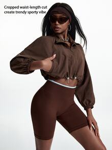 Innovista Innovista Women's Solid Color Shirt Collar Zipper Placket Waist Drawstring Design Cropped Sports Jacket Outdoor Gym Running Daily جاكيت تغطية - Brown - View 4
