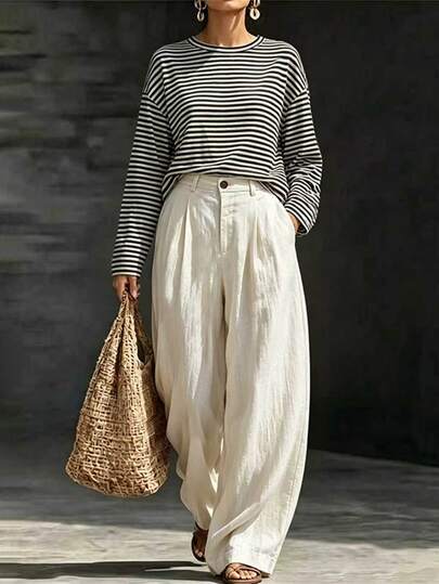 Breezaya Women's Casual French Relaxed Vacation Style, Classic Striped + Linen Wide Leg Pants 2-Piece Set, Minimalist Elegant, Gentle And Sophisticated; Suitable For Daily Commute, Beach Outings, Shopping And Dates, Minimalist Basic Style, Classic Striped Element, Timeless And Versatile, Suitable For All Ages, Spring/Autumn Single Wear, Fall/Winter Layering, Strong Practicality For All Seasons.