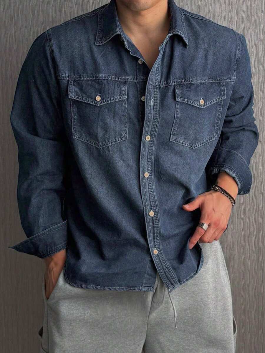 DAZY Chaqueta de mezclilla lavada y desgastada de color gris oscuro sólido para hombre, otoño - Azul - Ver 1