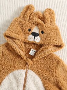 SHEIN 男嬰卡通獅子圖案拼色連帽長袖連身衣抓絨褲，百搭舒適秋冬開學服裝 - 彩色 - 查看 3