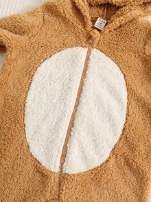 SHEIN 男嬰卡通獅子圖案拼色連帽長袖連身衣抓絨褲，百搭舒適秋冬開學服裝 - 彩色 - 查看 4