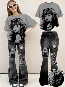 SHEIN 2pcs Teen Girl Charcoal Gray Loose Graphic Tee & Wide Leg Bell Bottom Jeans Set,Anime Girl Print Streetwear,Summer,Holiday,Back To School Outfits - Multicolor - View 1