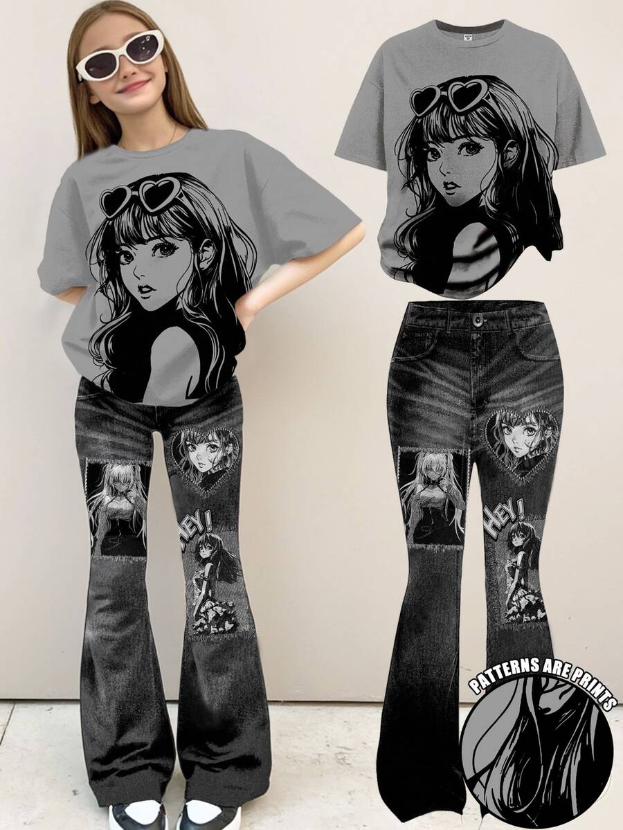 SHEIN 2pcs Teen Girl Charcoal Gray Loose Graphic Tee & Wide Leg Bell Bottom Jeans Set,Anime Girl Print Streetwear,Summer,Holiday,Back To School Outfits - Multicolor - View 1