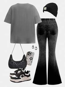 SHEIN 2pcs Teen Girl Charcoal Gray Loose Graphic Tee & Wide Leg Bell Bottom Jeans Set,Anime Girl Print Streetwear,Summer,Holiday,Back To School Outfits - Multicolor - View 2