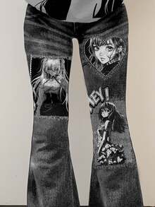 SHEIN 2pcs Teen Girl Charcoal Gray Loose Graphic Tee & Wide Leg Bell Bottom Jeans Set,Anime Girl Print Streetwear,Summer,Holiday,Back To School Outfits - Multicolor - View 4