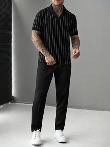 SLATEMANN 男士百搭提花短袖 Polo 衫與抽繩腰工裝褲套裝 - 黑色 - 查看 1