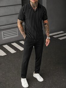 SLATEMANN 男士百搭提花短袖 Polo 衫與抽繩腰工裝褲套裝 - 黑色 - 查看 6