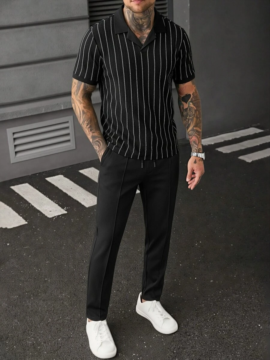 SLATEMANN Men's Versatile Jacquard Short Sleeve Polo Shirt And Drawstring Waist Cargo Pants Set - Black - View 1