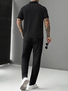 SLATEMANN 男士百搭提花短袖 Polo 衫與抽繩腰工裝褲套裝 - 黑色 - 查看 2