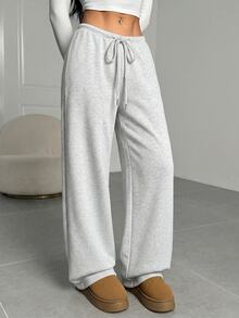 SHEIN EZwear 灰色針織女款抽繩腰鬆身長褲休閒運動褲 - 淺灰色 - 查看 3