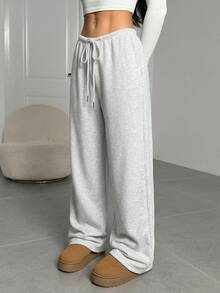 SHEIN EZwear 灰色針織女款抽繩腰鬆身長褲休閒運動褲 - 淺灰色 - 查看 7