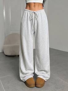 SHEIN EZwear 灰色針織女款抽繩腰鬆身長褲休閒運動褲 - 淺灰色 - 查看 5
