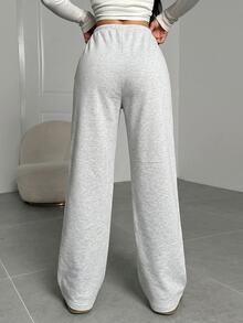 SHEIN EZwear 灰色針織女款抽繩腰鬆身長褲休閒運動褲 - 淺灰色 - 查看 2