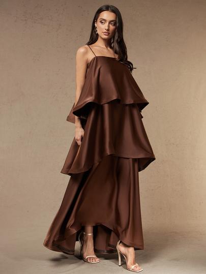 Silquee Women's Solid Color Multi-Layer Ruffle Fashion Elegant Spaghetti Strap Dress Wedding Formal Mother Of The Bride Getting Ready Coffee Brown Summer