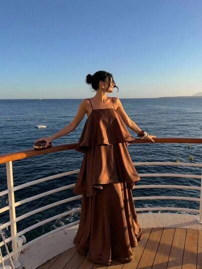 Silquee Women's Solid Color Multi-Layer Ruffle Fashion Elegant Spaghetti Strap Dress Wedding Mother Of The Bride Coffee Brown Summer