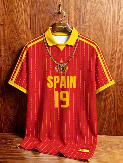 Manfinity Campus Court Vintage İspanyol Takımı Stili Kırmızı ve Sarı Dikey Çizgili Kontrast Harf Rozet Baskılı Kısa Kollu Futbol Üstü, Sokak Stili Günlük Polo Tişört, Erkek ve Kadın Grafik Tişört, Erkek Moda Spor Forması, Futbol, Futbol Ekipmanı