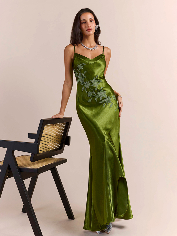 Enchnt Premium Summer Romantic Women's Elegant Green Vintage Sequin Bead Embroidered Slimming Dress,Luxury Evening Wedding Dress,Party Dress,New Year