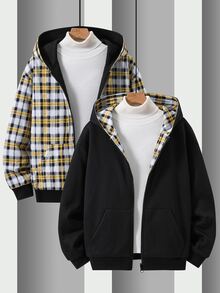 SHEIN 青少年男孩格紋印花拉鍊連帽外套（不含毛衣） - 彩色 - 查看 6