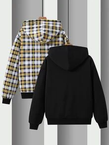 SHEIN 青少年男孩格紋印花拉鍊連帽外套（不含毛衣） - 彩色 - 查看 7
