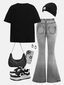 SHEIN Leap Crew 两件套少女休闲宽松爱心涂鸦印花圆领短袖T恤搭配喇叭裤套装，适合夏季、秋季穿着，居家、外出、街拍、校园等场合皆宜。 - 彩色 - 查看 2
