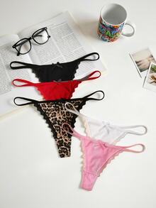 Lowkey Lull 5pcs/Pack Women's Lace Patchwork Bow Tie Leopard Print Thong Panties - Multicolor - View 1