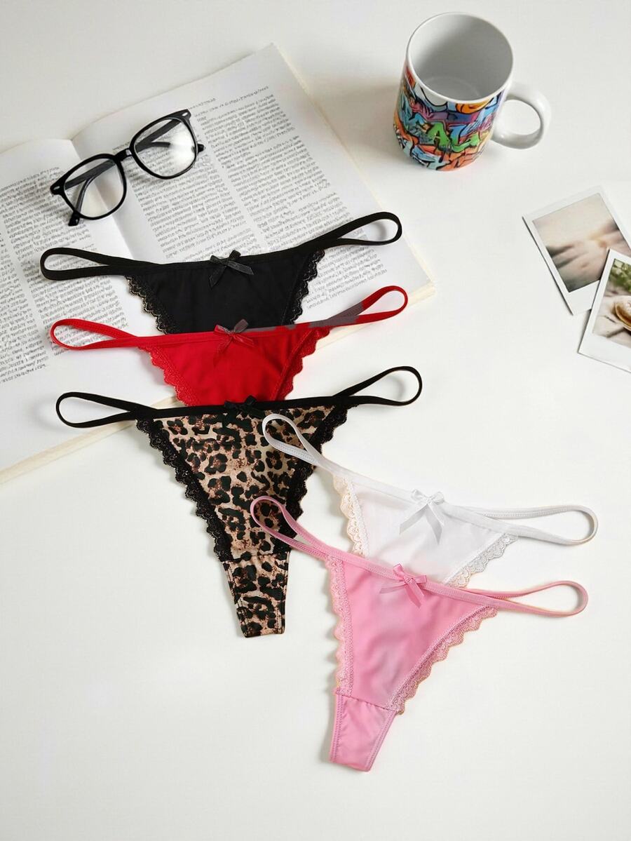 Lowkey Lull 5pcs/Pack Women's Lace Patchwork Bow Tie Leopard Print Thong Panties - Multicolor - View 1