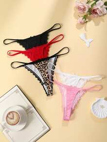 Lowkey Lull 5pcs/Pack Women's Lace Patchwork Bow Tie Leopard Print Thong Panties - Multicolor - View 2