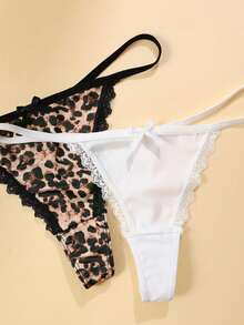 Lowkey Lull 5pcs/Pack Women's Lace Patchwork Bow Tie Leopard Print Thong Panties - Multicolor - View 4