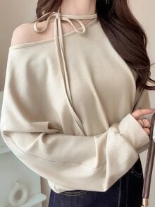 FRIFUL Women's Solid Color Asymmetrical Neck Long Sleeve Casual T-Shirt Fall - Apricot - View 7
