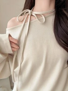 FRIFUL Women's Solid Color Asymmetrical Neck Long Sleeve Casual T-Shirt Fall - Apricot - View 6