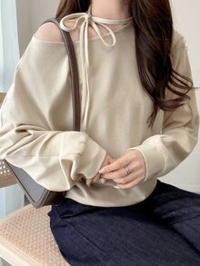 FRIFUL Women's Solid Color Asymmetrical Neck Long Sleeve Casual T-Shirt Fall - Apricot - View 4