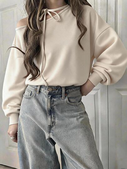 FRIFUL Damen Einfarbiges Asymmetrischer Ausschnitt Langarm Lässig T-Shirt