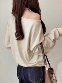 FRIFUL Women's Solid Color Asymmetrical Neck Long Sleeve Casual T-Shirt Fall - Apricot - View 2
