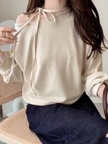 FRIFUL Women's Solid Color Asymmetrical Neck Long Sleeve Casual T-Shirt Fall - Apricot - View 1