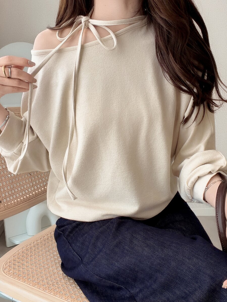 FRIFUL Women's Solid Color Asymmetrical Neck Long Sleeve Casual T-Shirt Fall - Apricot - View 1