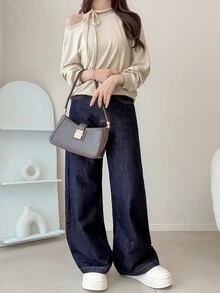 FRIFUL Women's Solid Color Asymmetrical Neck Long Sleeve Casual T-Shirt Fall - Apricot - View 8
