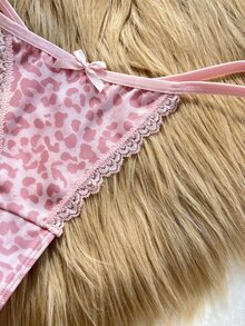 Lowkey Lull 5pcs Women's Front Bow Lace Patchwork Leopard Print Thong - Multicolor - View 3