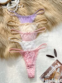 Lowkey Lull 5pcs Women's Front Bow Lace Patchwork Leopard Print Thong - Multicolor - View 6