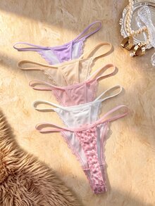 Lowkey Lull 5pcs Women's Front Bow Lace Patchwork Leopard Print Thong - Multicolor - View 2