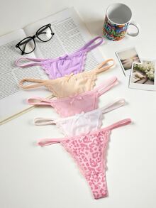 Lowkey Lull 5pcs Women's Front Bow Lace Patchwork Leopard Print Thong - Multicolor - View 1