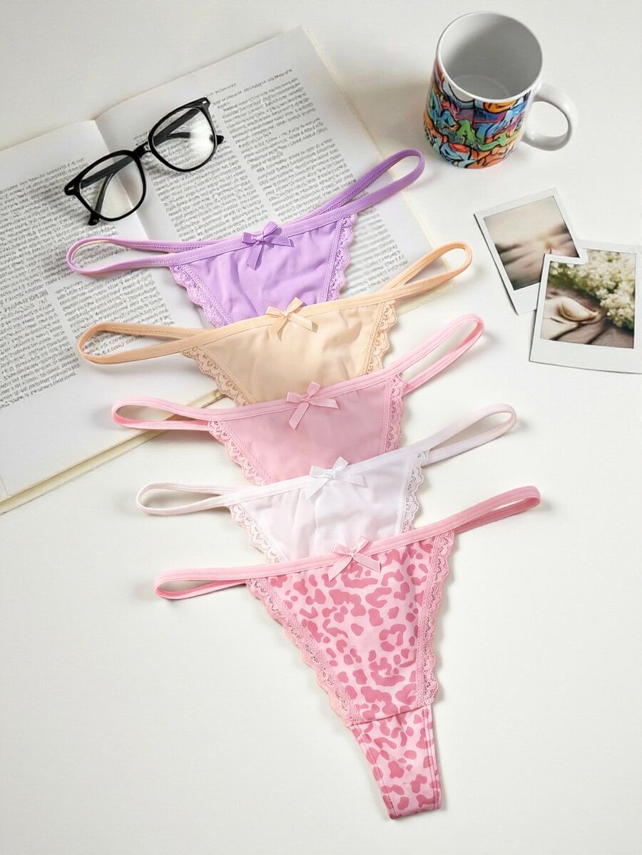 Lowkey Lull 5pcs Women's Front Bow Lace Patchwork Leopard Print Thong - Multicolor - View 1