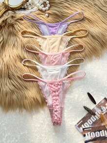 Lowkey Lull 5pcs Women's Front Bow Lace Patchwork Leopard Print Thong - Multicolor - View 5