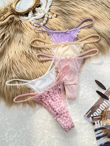 Lowkey Lull 5pcs Women's Front Bow Lace Patchwork Leopard Print Thong - Multicolor - View 4