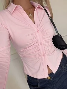 SHEIN EZwear 抓皺鈕扣前襟短版T恤 - 粉色 - 查看 6
