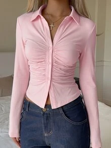 SHEIN EZwear 抓皺鈕扣前襟短版T恤 - 粉色 - 查看 3