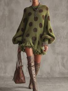 Glimmora Sweater Lengan Lentera Kasual Serbaguna Motif Polkadot untuk Wanita, Cocok untuk Pemakaian Sehari-hari - MultiWarna - View 6