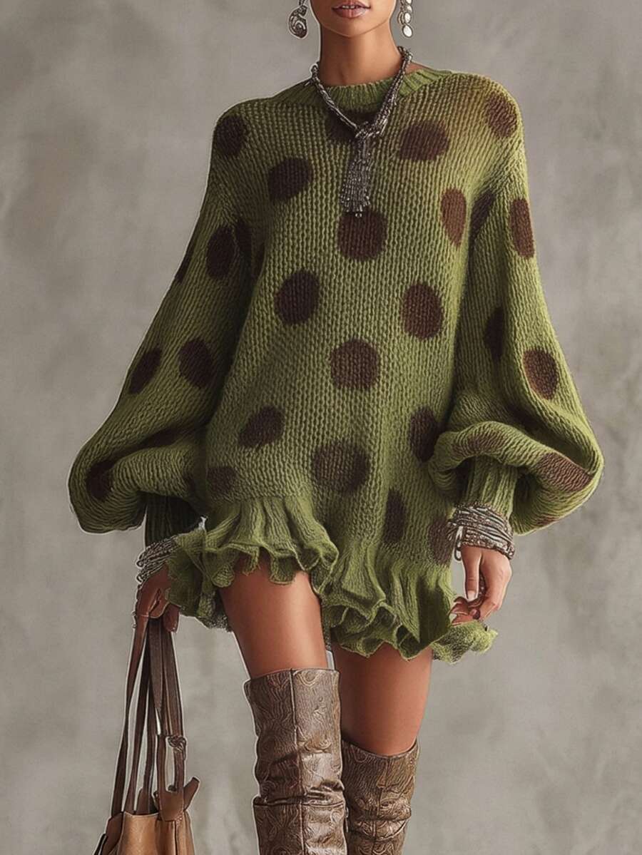 Glimmora Sweater Lengan Lentera Kasual Serbaguna Motif Polkadot untuk Wanita, Cocok untuk Pemakaian Sehari-hari - MultiWarna - View 1
