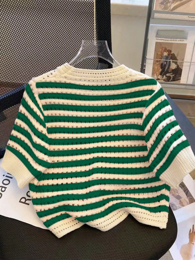 Franclia Women's Hollow Out Striped Short Sleeve Crew Neck Cropped Knit Top,Green And White Striped,Summer,Casual,Brunch,St Patrick's Day Random Design Shirt - Multicolor - View 2