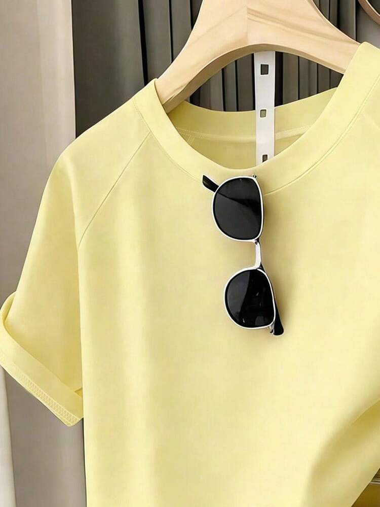 SHEIN Teen Girls' Casual, Minimalist Horse-Print Raglan-Sleeve Loose-Fit Short-Sleeve T-Shirt Set - Light Gray - Yellow - View 4