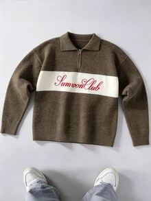 Claim Dot Men's Letter Pattern Colorblock Long Sleeve Casual Sweater - Multicolor - View 2
